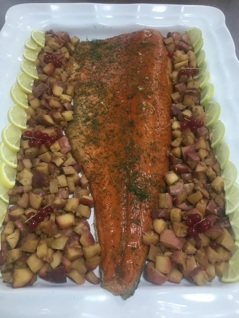 Roasted salmon and lemon platter